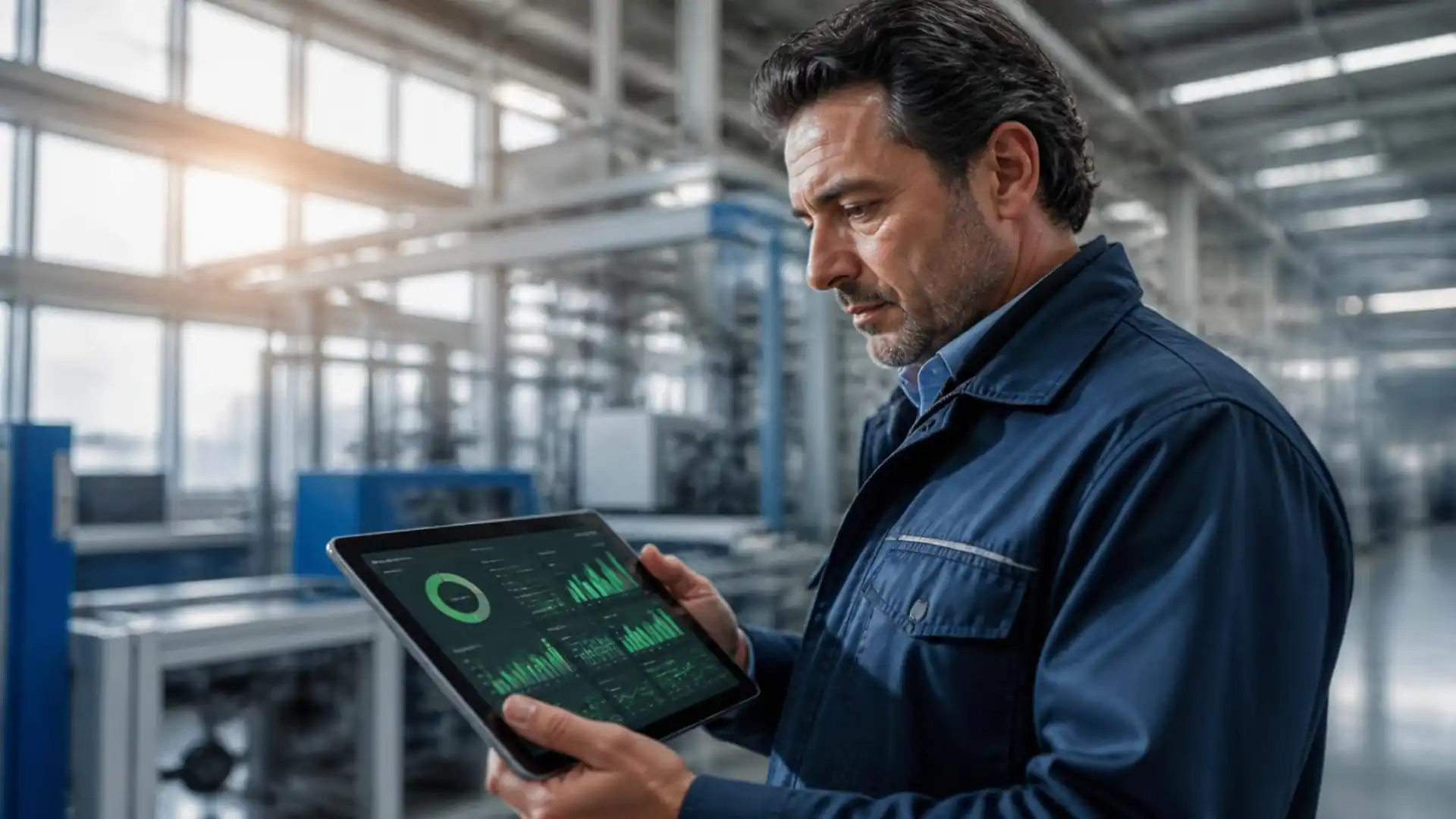 Imprenditore che analizza i dati di digitalizzazione e risparmio energetico per il bando Investimenti Sostenibili 4.0